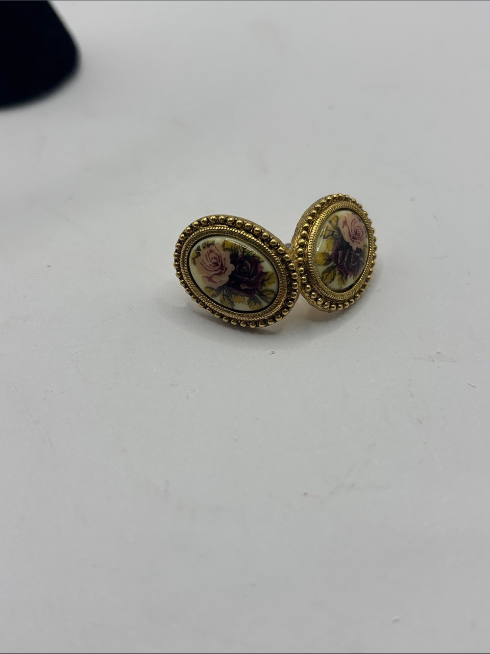 1928 Gold-Tone Oval Floral Earrings with Pink and Purple Roses